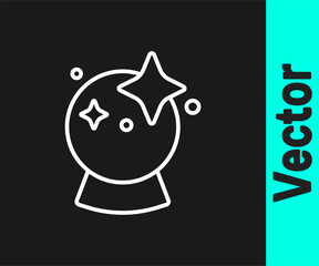 White line Magic ball icon isolated on black background. Crystal ball. Vector