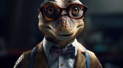 A close-up portrait of a cute dinosaur wearing a stylish suit. Generative AI