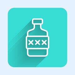 White line Whiskey bottle icon isolated with long shadow background. Green square button. Vector