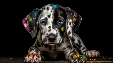 A close-up portrait of a Dalmatian puppy its face. Generative AI