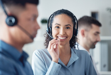 Happy woman in portrait, callcenter and headset with CRM, communication with technology and contact us. Customer service, telemarketing or tech support, female consultant with smile and help desk