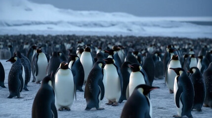 A flock of realistic imperial penguins. Generative AI