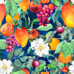 Tropical fruits natural seamless pattern: mango, grape, flowers. Watercolor exotic plants. Repeat colorful jungle garden pattern. Lush summer design