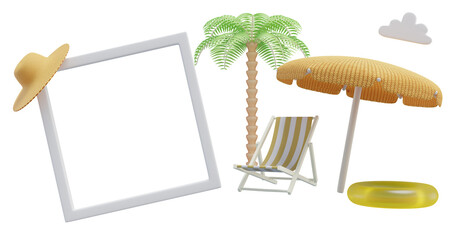 Fototapeta premium Summer holidays. Frame deckchair umbrella palm tree.3d rendering