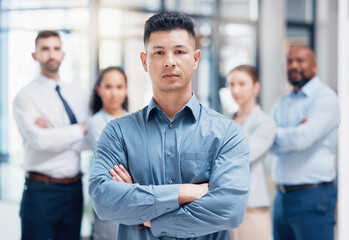 Fototapeta premium Leadership, business people in portrait arms crossed at startup with confidence and pride at management company. Teamwork, commitment and vision for confident team with support and leader in office.