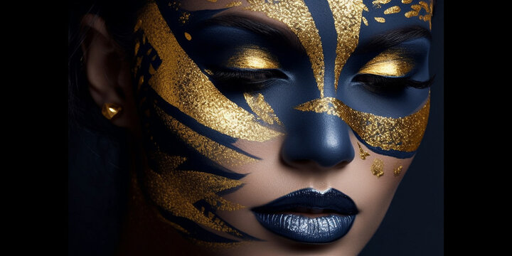 Fashion Gesicht mit Bodypainting Gold und Schwarz gemustert Poster Nahaufnahme, ai generativ