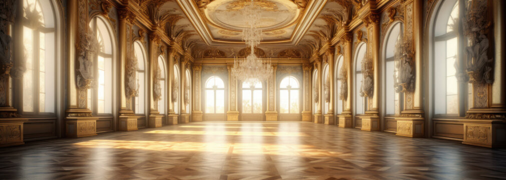 A Classic Extravagant European Style Palace Room With Gold Decorations. Wide Format, Hand Edited Generative AI. 