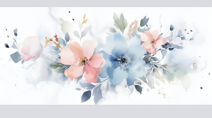 Floral delicate and tender watercolor composition with flowers. Botanical AI illustration. For textile, wallpapers, greeting card, invitation, birthday card decor, wedding.