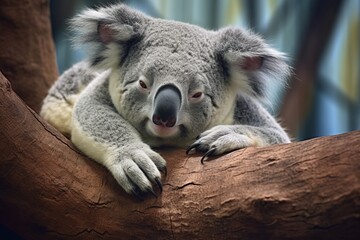koala bear sleeping on tree peacefully. Generative AI
