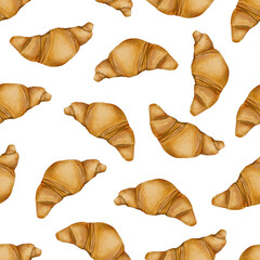 Fresh croissant seamless pattern. Delicious sweet pastry, classic french dessert. Hand drawn watercolor Tasty ruddy bun, classic breakfast. Background for menu, wrapping paper, textile, fabric