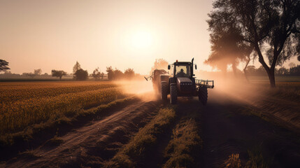 a tractor sprays pesticides on plantation field at sunset
