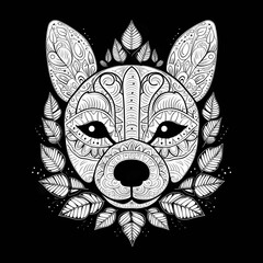 Head of dog with patterns and leaves decorations, black background