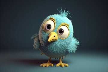 Fototapeta premium Funny image of a 3D cartoon bird in blue and yellow colors with a blue background. Generative AI