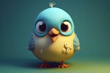 Funny image of a 3D cartoon bird in blue and yellow colors with a blue background. Generative AI