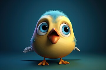 Fototapeta premium Funny image of a 3D cartoon bird in blue and yellow colors with a blue background. Generative AI