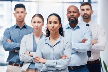 Confident group of business people in portrait with arms crossed, confidence and pride at HR company. Teamwork, commitment and diversity, vision team with woman leadership in human resources office.
