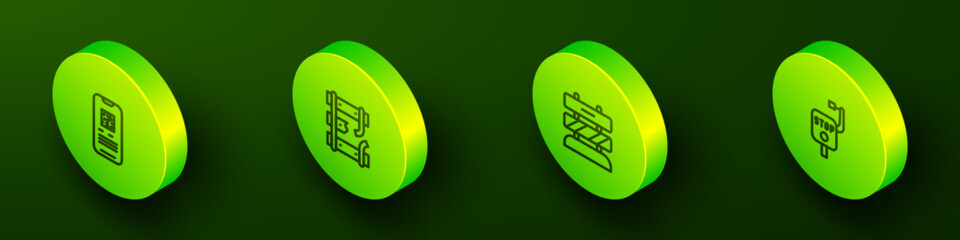 Set Isometric line E-ticket train, Broken rails on railway, End of tracks and Emergency brake icon. Vector