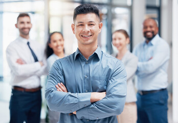 Smile, business people in portrait with arms crossed and boss at startup with confidence and pride. Teamwork, commitment and vision for happy team with man in leadership in project management office.