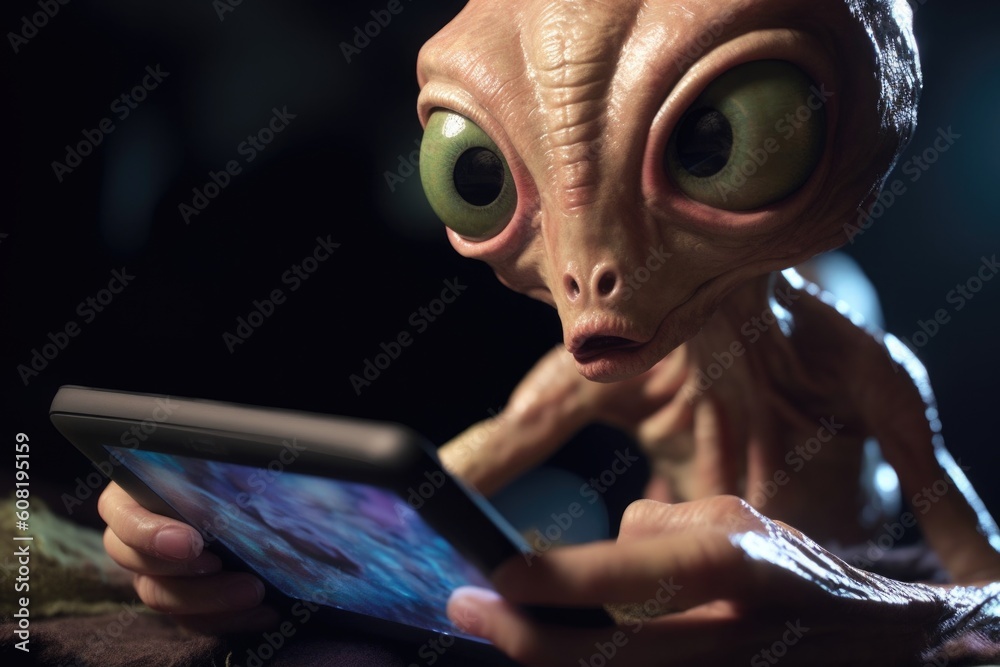 Wall mural close-up of alien with large eyes, playing game on tablet, created with generative ai