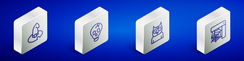 Set Isometric line Witch hat, Skull, Owl bird and Spider web icon. Vector