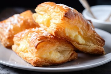 plate of flaky puff pastries filled with soft and creamy cheeses, created with generative ai