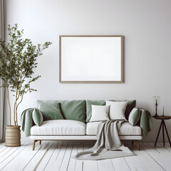 Photo frame Mock up for living room. Nice and green cozy sofa.