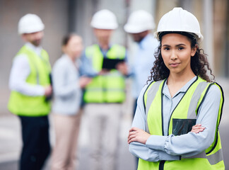 Business woman, architect and arms crossed in leadership or project management for construction on...