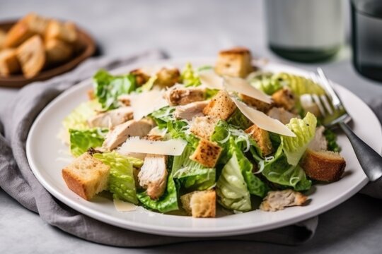 stylish plate of chicken caesar salad with croutons, parmesan cheese, and homemade dressing, created with generative ai