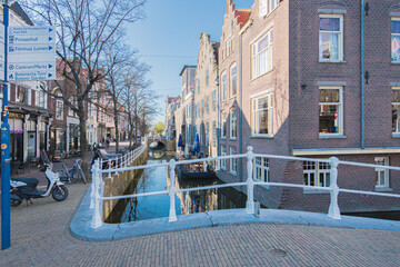 Canals, Brick Houses, Parked Bicycles and a Bridge Over the Canal, in Delft, Netherlands