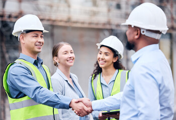 Business people, architect and handshake in meeting for construction, partnership or teamwork on...
