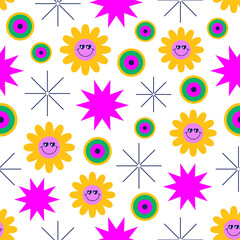 Modern geometric futuristic background. Abstract psychedelic brutalist pattern. Geometric shapes, figures, smiling flowers, line art. Contemporary primitive basic elements. Y2k.