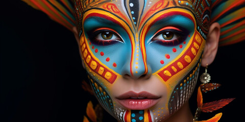 Fototapeta premium Hübsche Frau Model Gesicht mit schönem Bodypainting Bemalung blickt in die Kamera, ai generativ