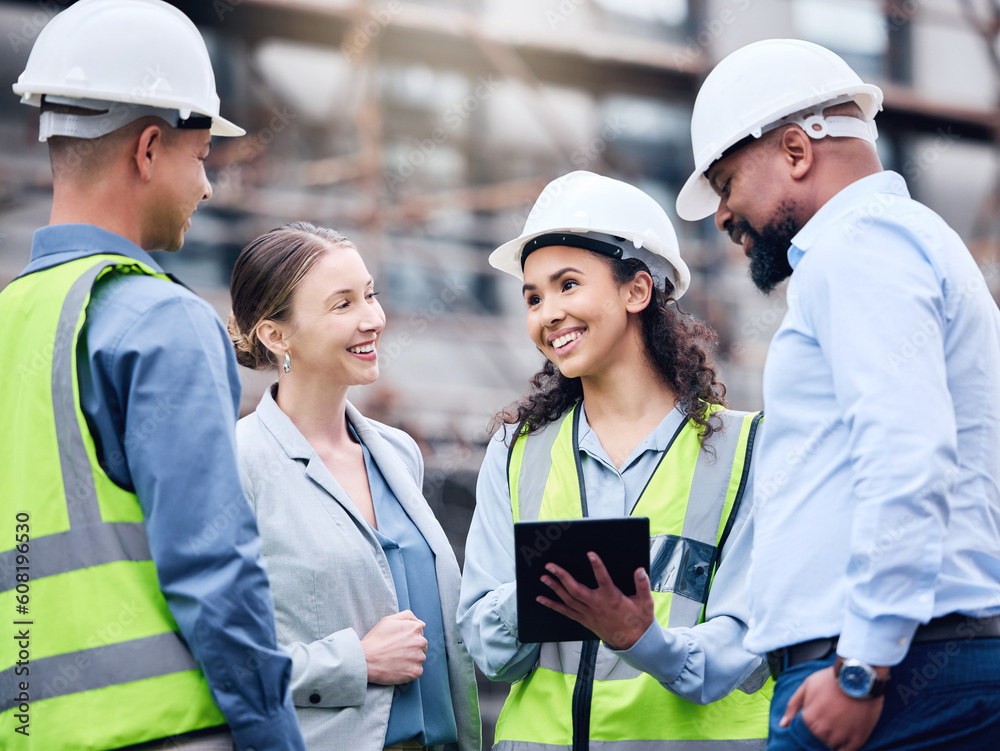 Poster architect, construction and group working on tablet, project blueprint or engineering planning for w