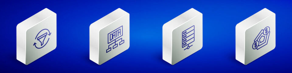 Set Isometric line Sales funnel with chart, Data analysis, Server and Financial growth icon. Vector