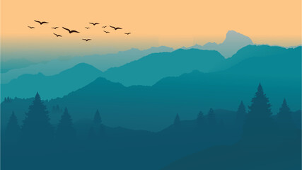 A beautiful, colorful, abstract mountain scenery in sunrise. Minimalist landscape of mountains in morning in blue tones. Mountain vector background 