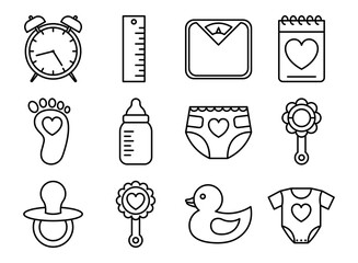 Outline baby icon set isolated on white background. Metric, toys, feeding and care.