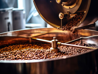 Freshly roasted coffee beans from a large roaster in the cooling cylinder