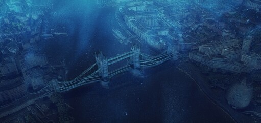 Dystopian photography of the London City after the thawing of the poles and the rise in sea level, product of climate change due to the action of human beings
