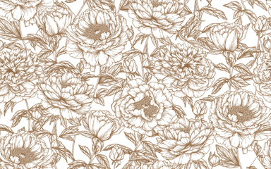 Obraz premium Seamless vector pattern garden of peony flowers in engraving style