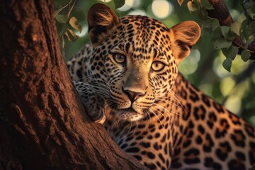 Close-up of a stealthy leopard pausing on a tree. Generative AI
