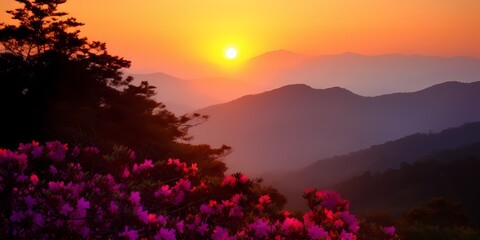 Naklejka na ściany i meble background photography, pink flowers in front of mountains at sunset, tourism, hiking, travel
