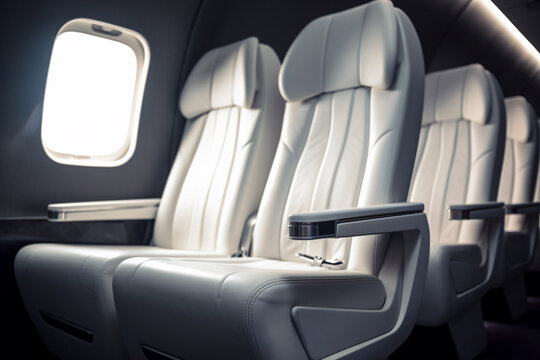 White modern seats in airplane. Generative AI illustration