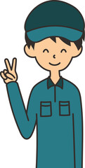 ピースサインをした男性の作業員のイラスト