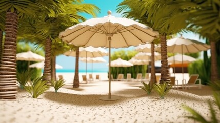beach with umbrella and chairs, ai generative