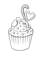 contour line illustration cartoon style food sweet cupcake with berries and heart chocolate design element coloring sticker cover logo print