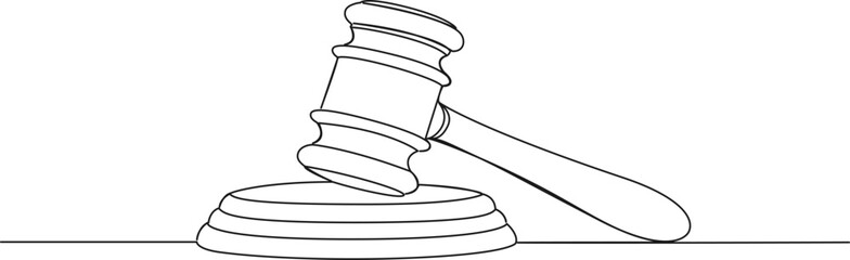 continuous single line drawing of judge gavel, line art vector illustration