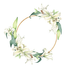 White lily. Floral bouquet. Hand drawn clipart for wedding invitations, birthday stationery, greeting cards, scrapbooking. Watercolor illustration.