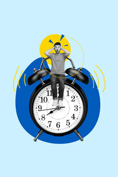 Creative photo picture collage of young man hands head puzzled forgot to wake up punctuality clock alert isolated on blue color background