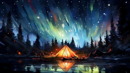 Tourist tent under night sky full of stars and Milky way. Generative AI