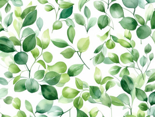 Seamless watercolor floral pattern - green leaves and branches composition on white background